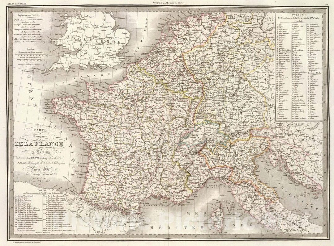 Historic Wall Map : Carte comparee de la France en 1789 et 1813. , Geographe de S.A.R.M. le Dauphin. Paris, 18, 1830Vintage Wall Art