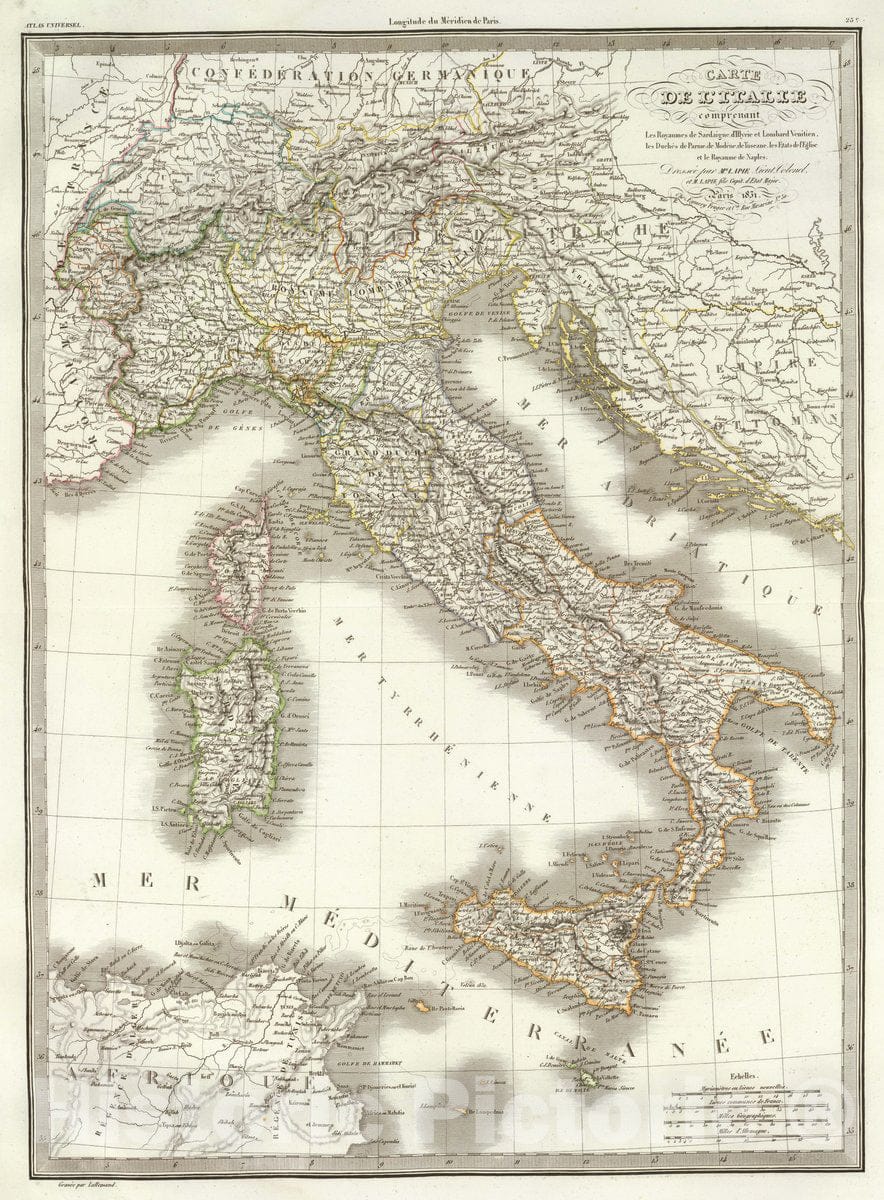 Historic Map : Italy; Slovenia, Carte de l'Italie comprenant les Royaumes de Sardaigne,, Vintage Wall Art