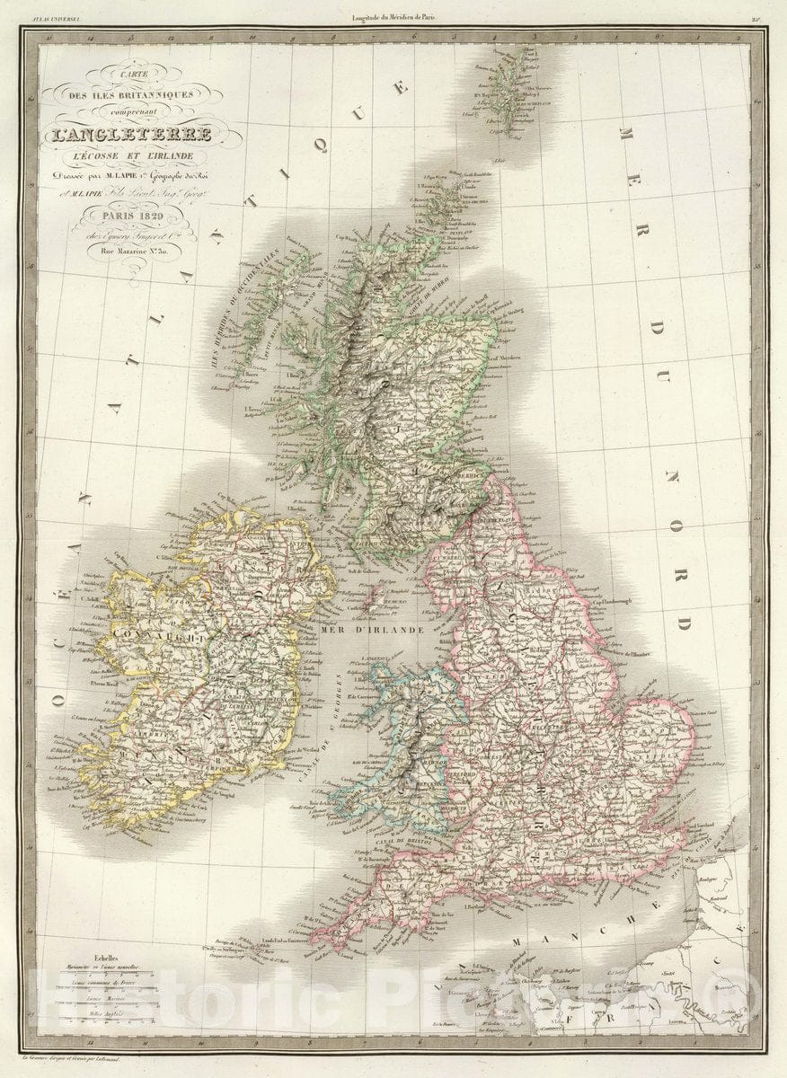 Historic Map : England; Ireland, British Isles Carte des Iles Britanniques comprenant l'Angleterre, 1829 , Vintage Wall Art