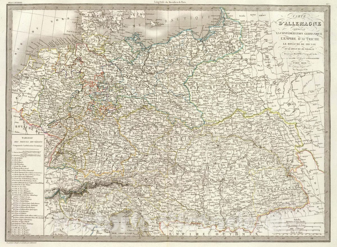 Historic Map : Austria; Germany, Europe, Central Carte d'Allemagne comprenant la Confederation Germanique, 1830 , Vintage Wall Art