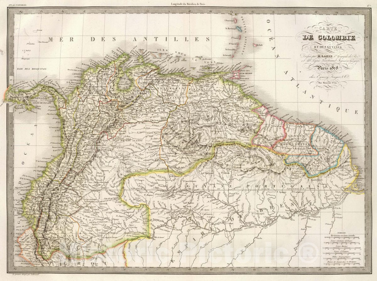 Historic Wall Map : Colombia; Venezuela, Guiana, South America Carte de Colombie et des Guyanes. , Vintage Wall Art