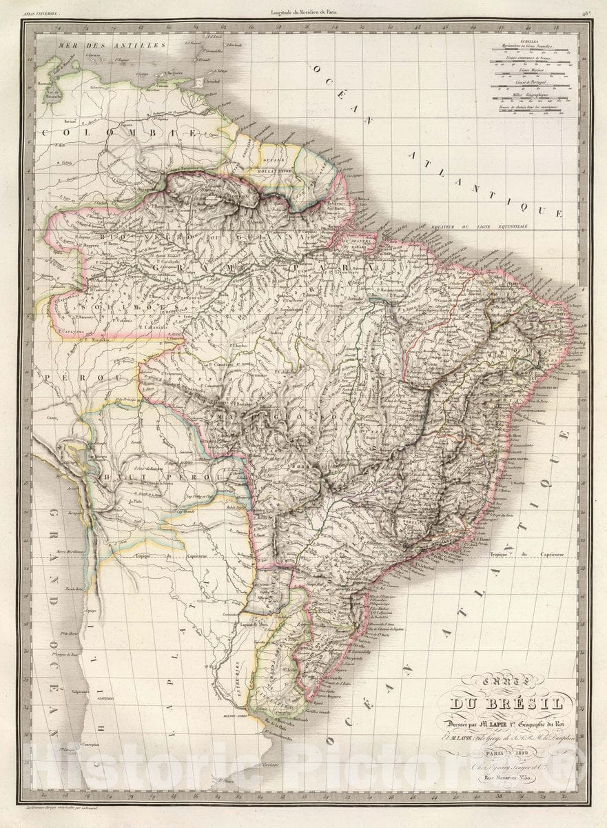 Historic Map : Brazil; Uruguay, , South America Carte du Bresil. , 1829, Vintage Wall Art