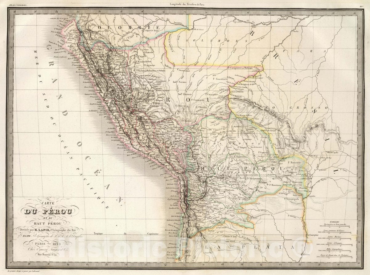 Historic Map : Bolivia; Peru, , South America Carte du Perou et du Haut Perou. 1829, Vintage Wall Art