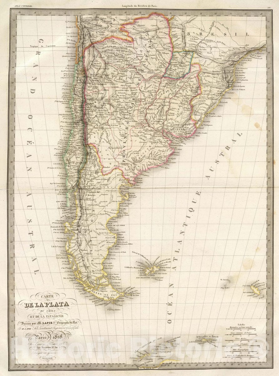 Historic Map : Argentina; Chile, , South America Carte de la Plata, du Chili, et de la Patagonie, 1828 , Vintage Wall Art