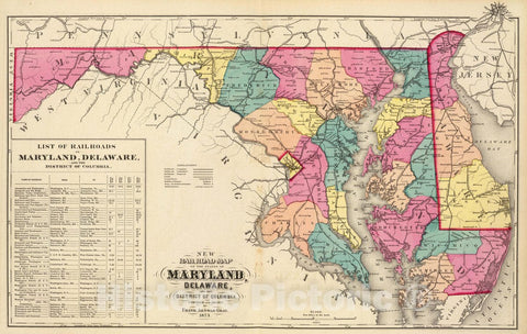 Historic Map : 1873 New Railroad map of The States of Maryland, Delaware, District of Columbia. - Vintage Wall Art