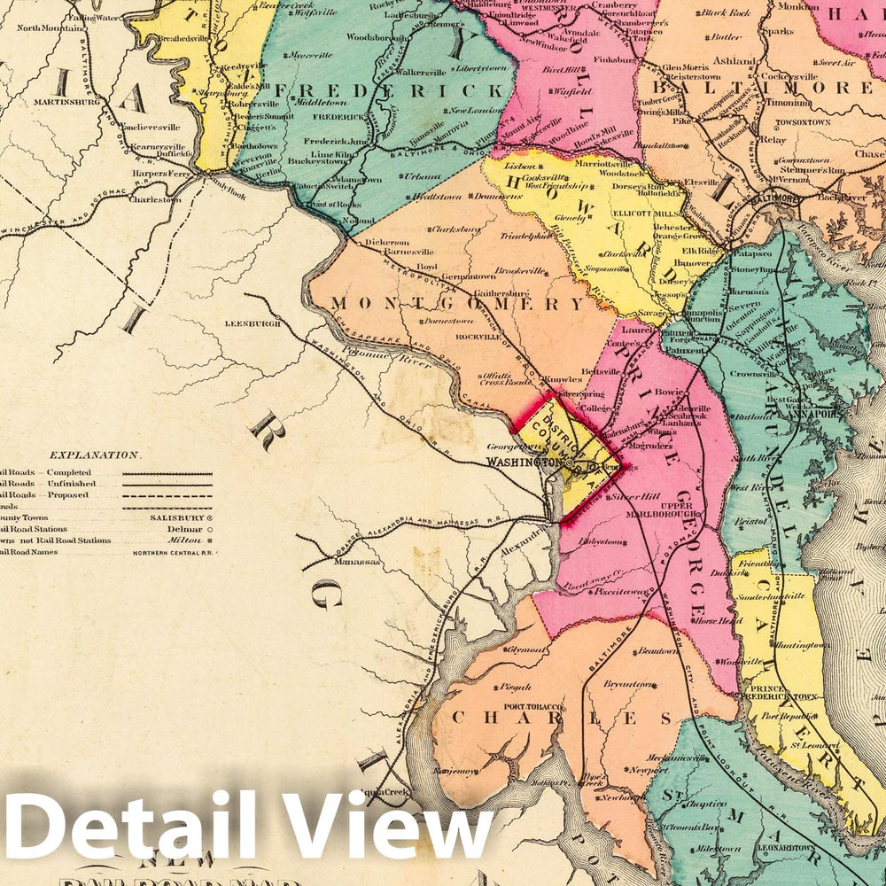 Historic Map : 1873 New Railroad map of The States of Maryland, Delaware, District of Columbia. - Vintage Wall Art