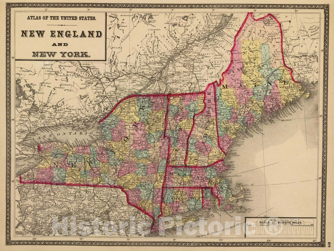 Historic Map : Atlas of The United States. New England and New York. (by H.H. Lloyd. Published by Stedman, Brown & Lyon, Baltimore. 1873), 1873 Atlas - Vintage Wall Art