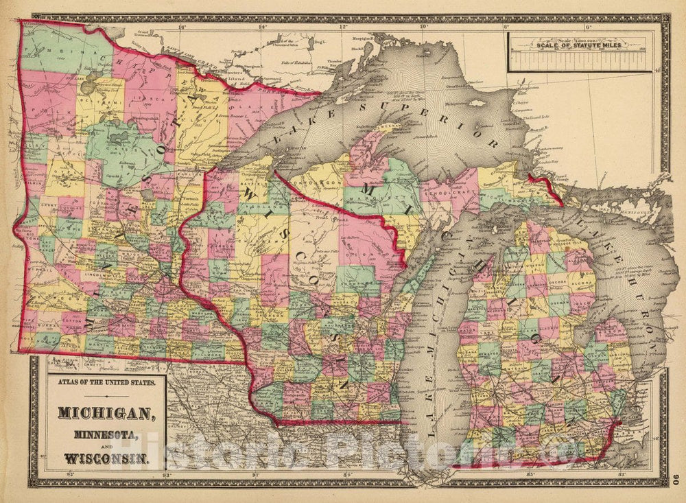 Historic Map - 1873 Michigan, Minnesota, and Wisconsin. - Vintage Wall Art