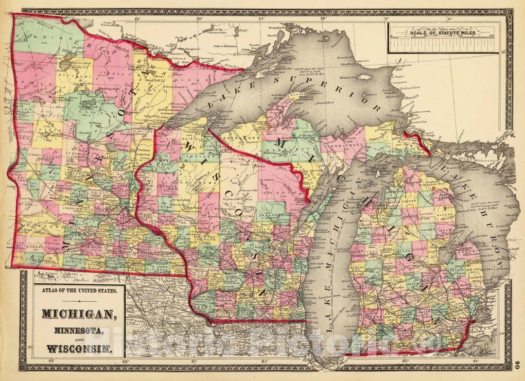 Historic Map - 1873 Michigan, Minnesota, and Wisconsin. - Vintage Wall Art