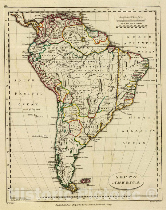 Historic Map : South America. E.P. delint. Mutlow Sc, Russell Cot. Publish'd 15th June, 1804, by The Revd. E. Patteson, Richmond, Surrey, 1804 Atlas - Vintage Wall Art