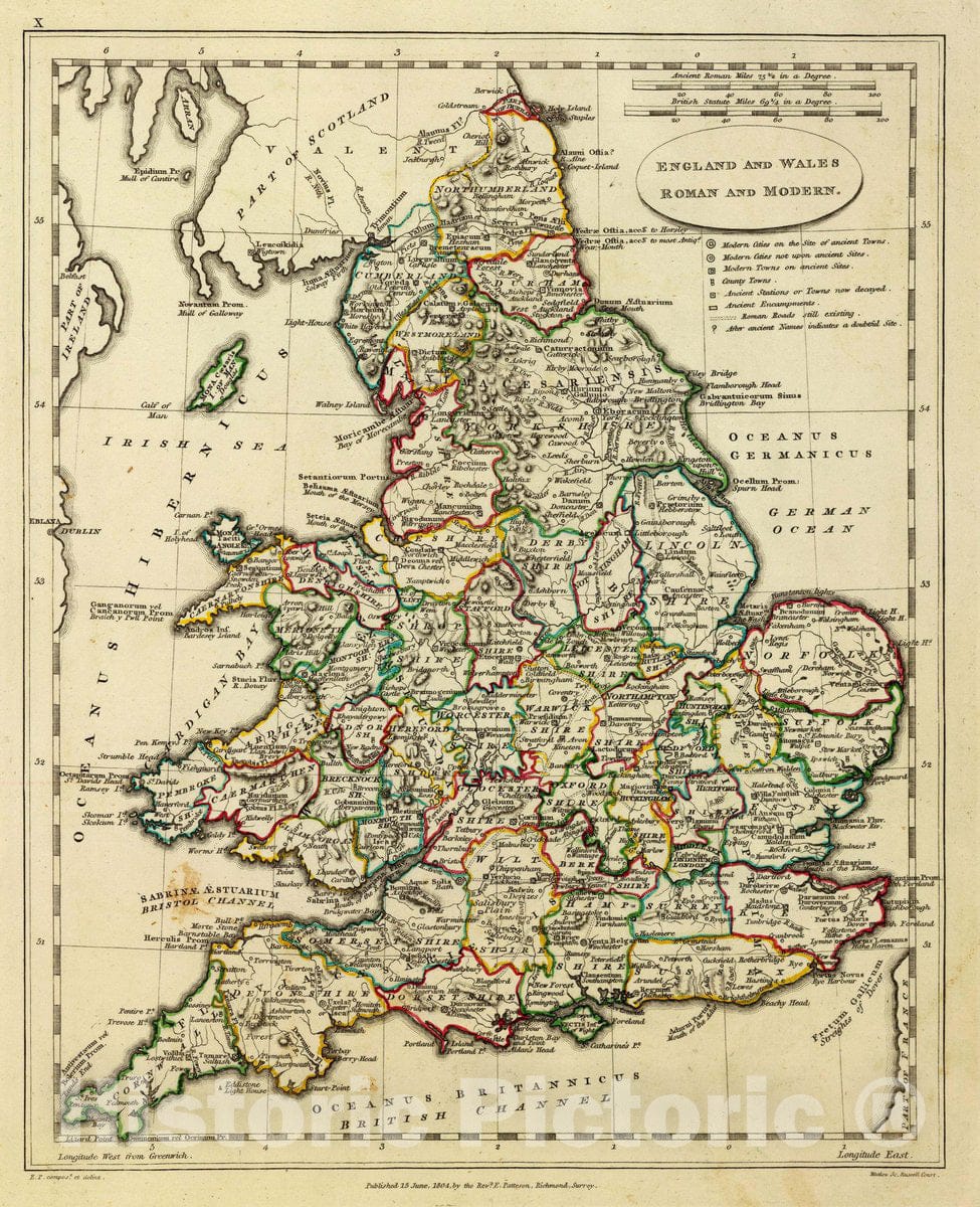 Historic Wall Map : England, Wales Roman, Modern, 1804 Atlas - Vintage Wall Art