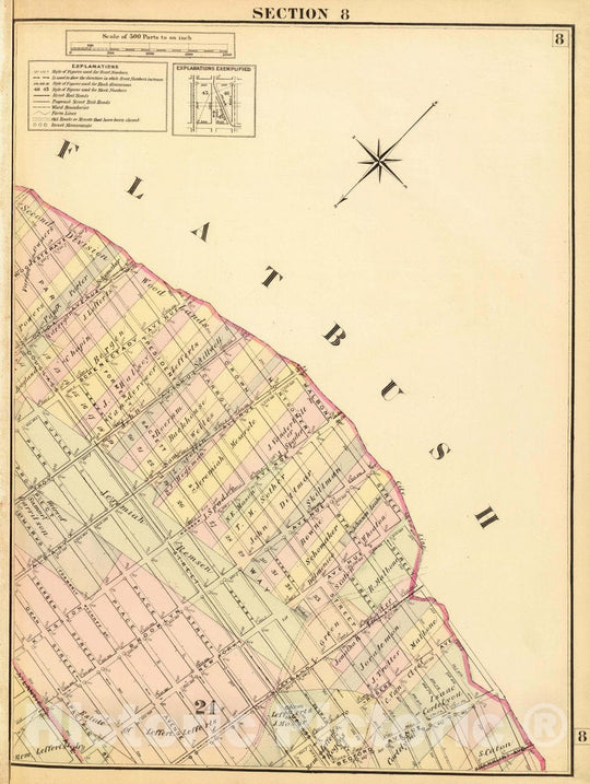 Historic Map : Section 8 (Farm line map of The City of Brooklyn. Compiled and Drawn by Henry Fulton. 1874), 1874 City Atlas - Vintage Wall Art