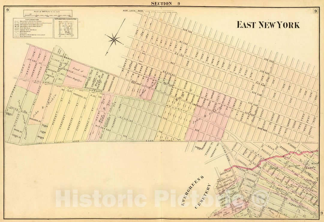 Historic Map : Section 9. East New York. (Farm line map of The City of Brooklyn. Compiled and Drawn by Henry Fulton. 1874), 1874 City Atlas - Vintage Wall Art