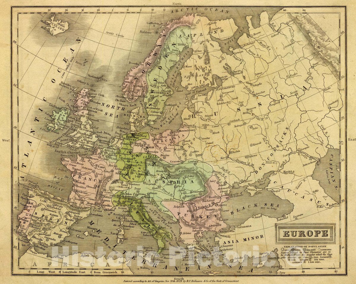 Historic Map : Europe. Entered According to Act. of Congress Nov. 20th 1829 by D.F. Robinson & Co. of The State of Connecticut, 1829 Atlas - Vintage Wall Art