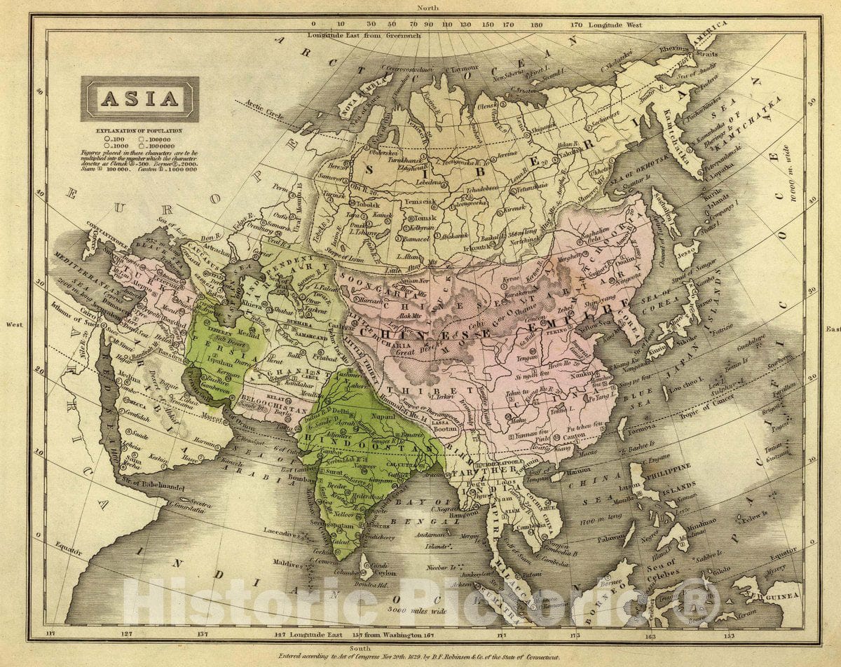 Historic Map : Asia. Entered According to Act. of Congress Nov. 20th 1829 by D.F. Robinson & Co. of The State of Connecticut, 1829 Atlas - Vintage Wall Art