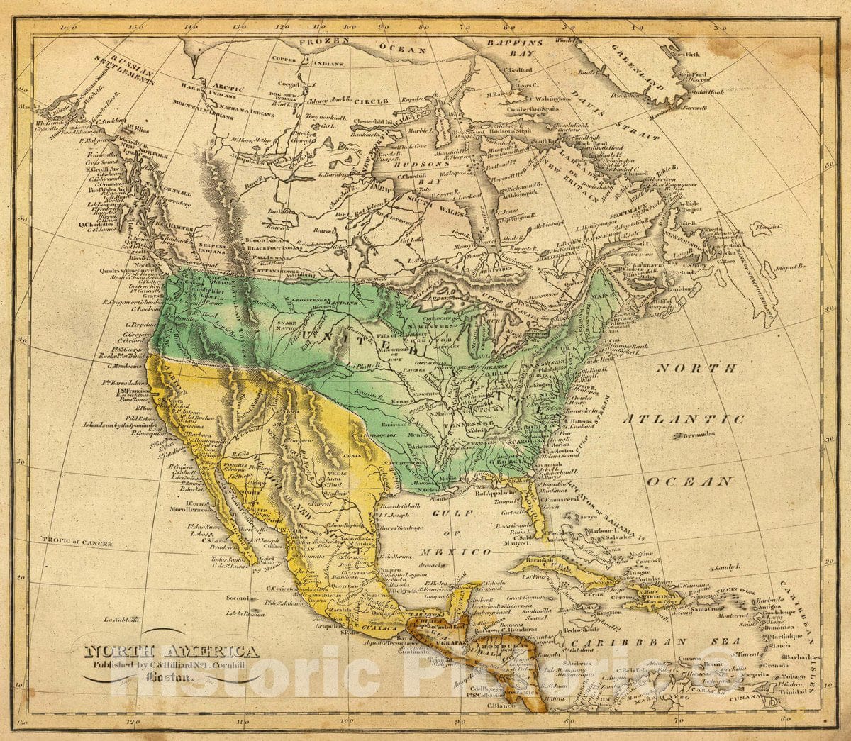 Historic Map : North America. Morse Sc. Published by C. & Hilliard, No. 1 Cornhill, Boston. (ca. 1821), 1821 Atlas - Vintage Wall Art