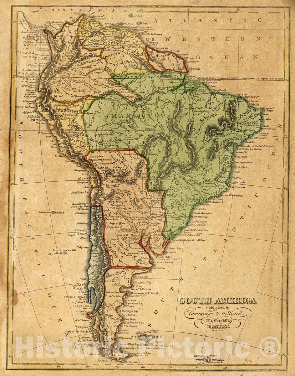 Historic Map : South America. H. Morse Sc. Published by Cummings & Hilliard, No. 1 Cornhill, Boston. (ca. 1821), 1821 Atlas - Vintage Wall Art