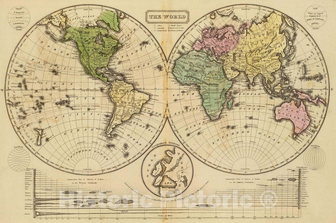 Historic Map : The World. (with) Comparative view of rivers & lakes, 1821, by William C. Woodbridge - Vintage Wall Art