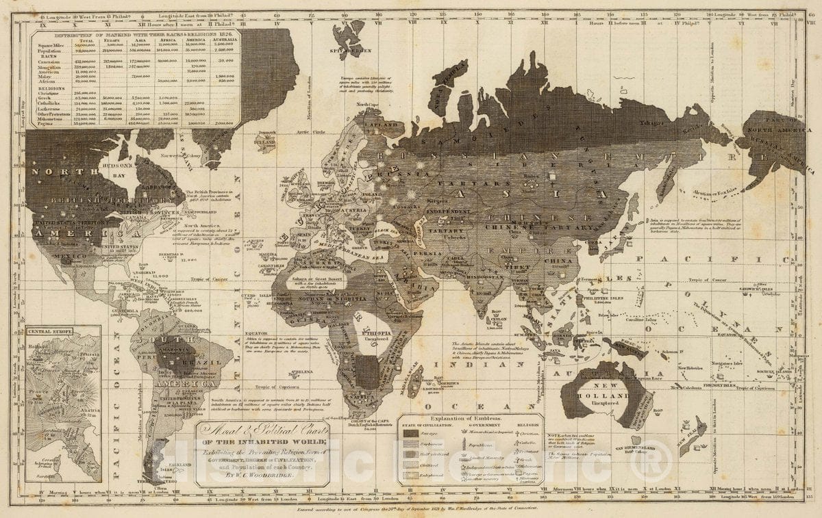 Historic Map : Moral & Political Chart of The inhabited World; exhibiting The Prevailing Religion, Form of Government, Degree of Civilization, 1837 School AtlasVintage Wall Art