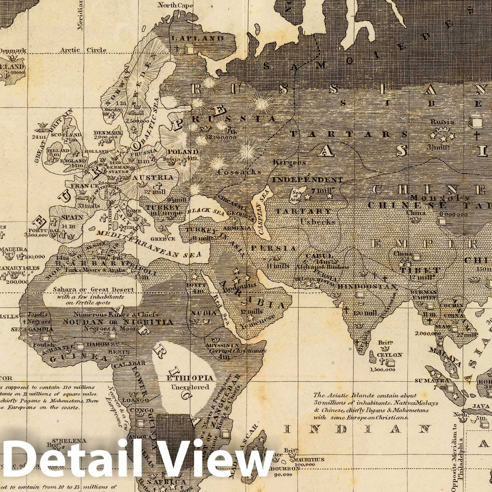 Historic Map : Moral & Political Chart of The inhabited World; exhibiting The Prevailing Religion, Form of Government, Degree of Civilization, 1837 School AtlasVintage Wall Art