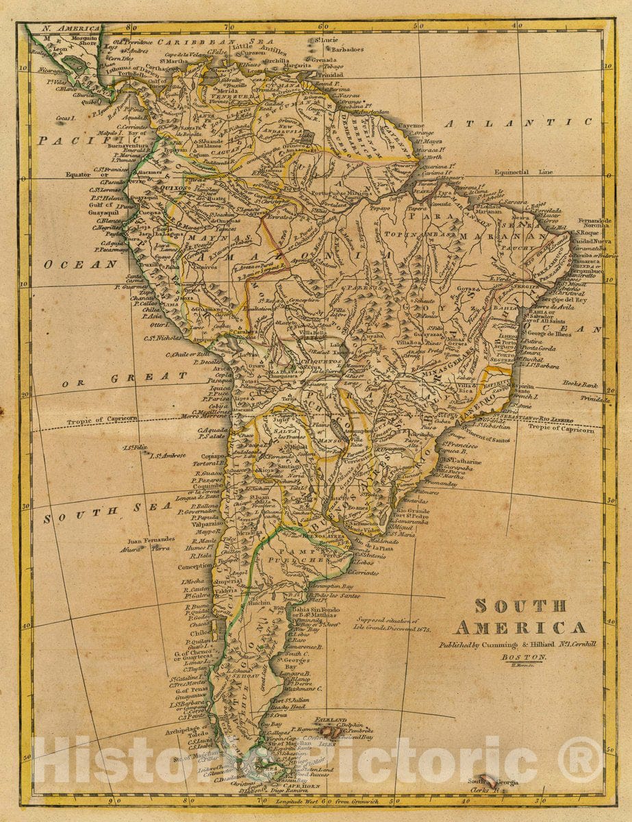 Historic Map : South America. Published by Cummings & Hilliard, No. 1, Cornhill. H. Morse Sc. (1821?), 1821 Atlas - Vintage Wall Art