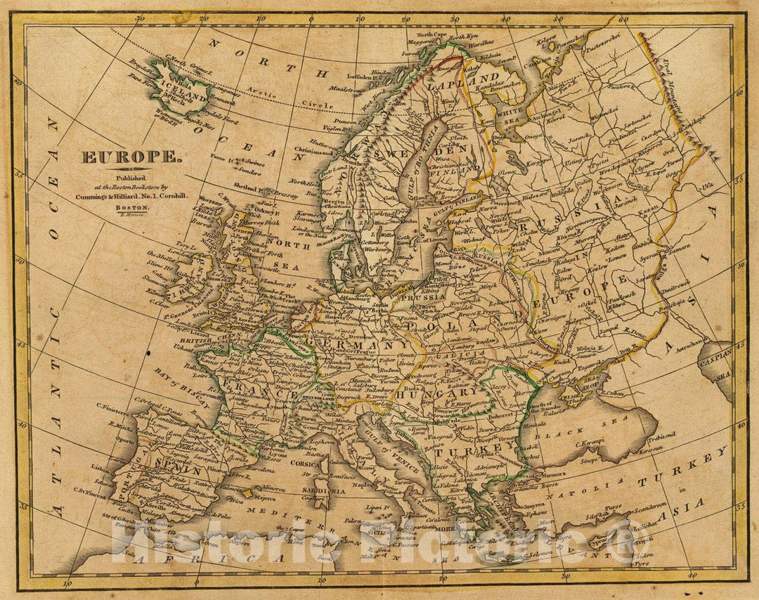 Historic Map : Europe. Published at The Boston Bookstore by Cummings & Hilliard, No. 1, Cornhill, Boston. H. Morse Sc. (1821?), 1821 Atlas - Vintage Wall Art