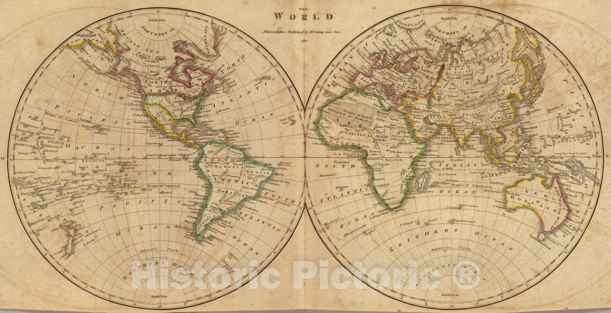 Historic Map : 1820 School Atlas - The World. Philadelphia: Published by M. Carey and Son. 1820. - Vintage Wall Art