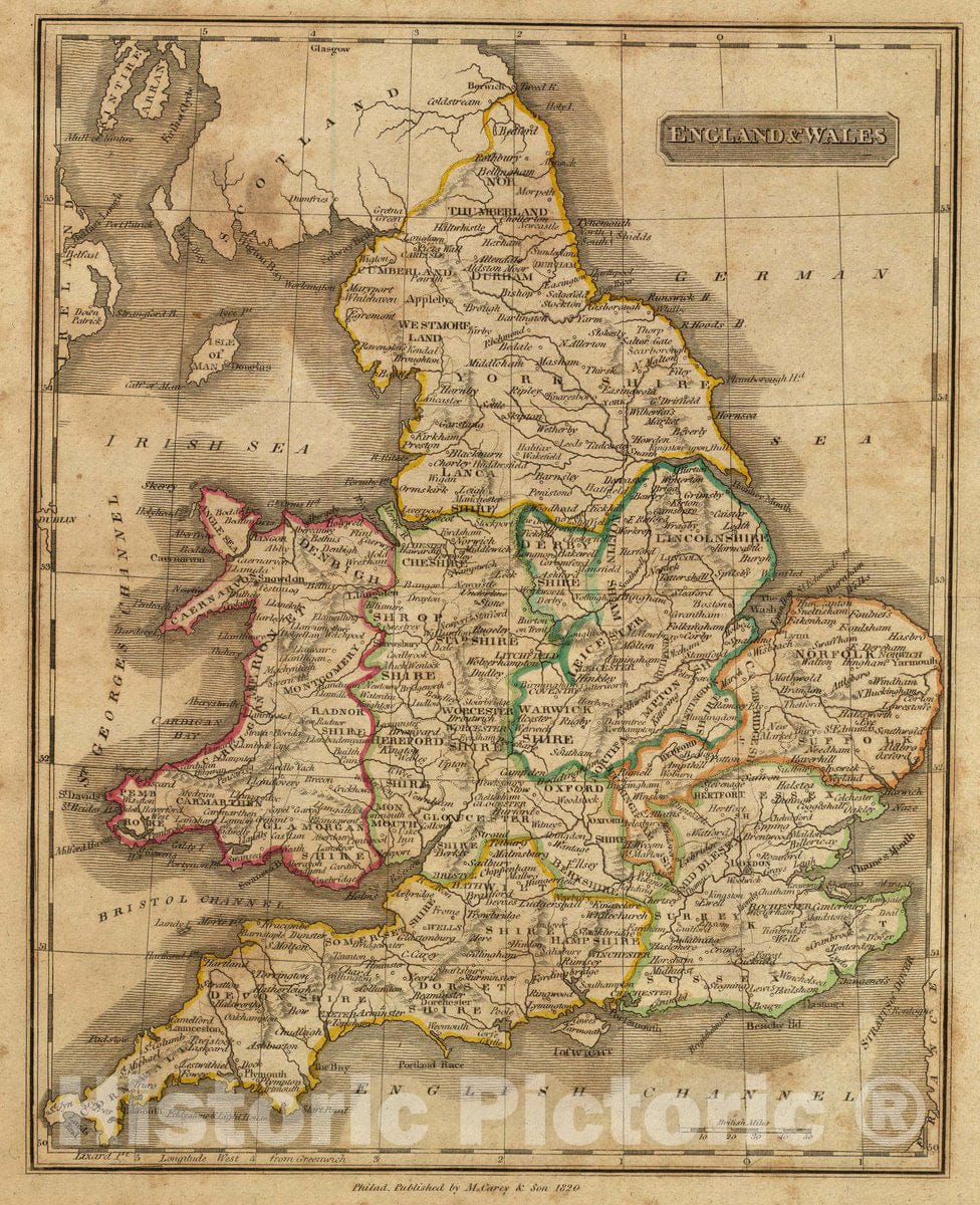 Historic Map : England & Wales. Philad. Published by M. Carey and Son, 1820, 1820 Atlas - Vintage Wall Art