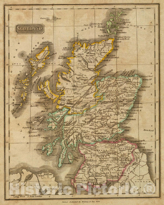 Historic Map : Scotland. Philad. Published by M. Carey & Son, 1820, 1820 Atlas - Vintage Wall Art