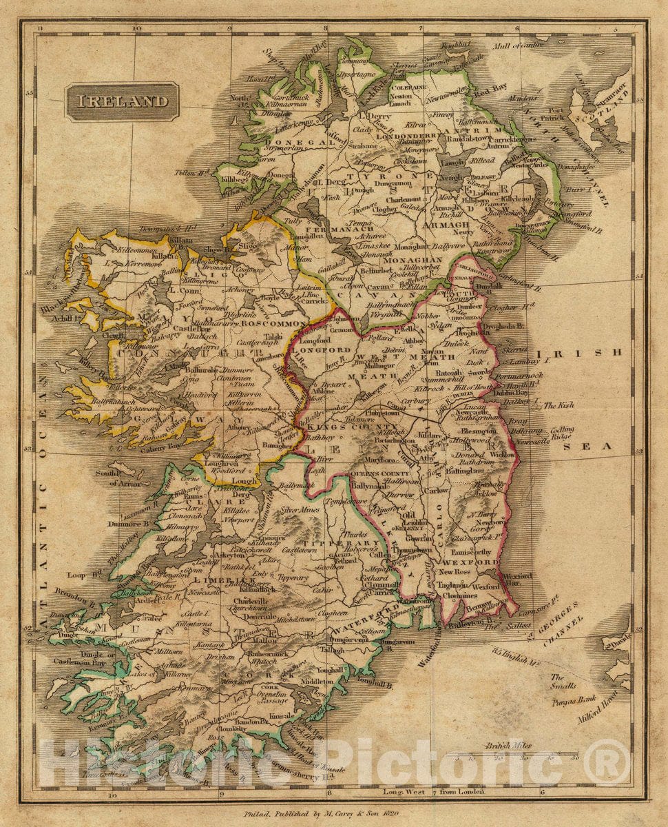 Historic Map - Ireland. Philad. Published by M. Carey & Son, 1820, 1820 Atlas - Vintage Wall Art