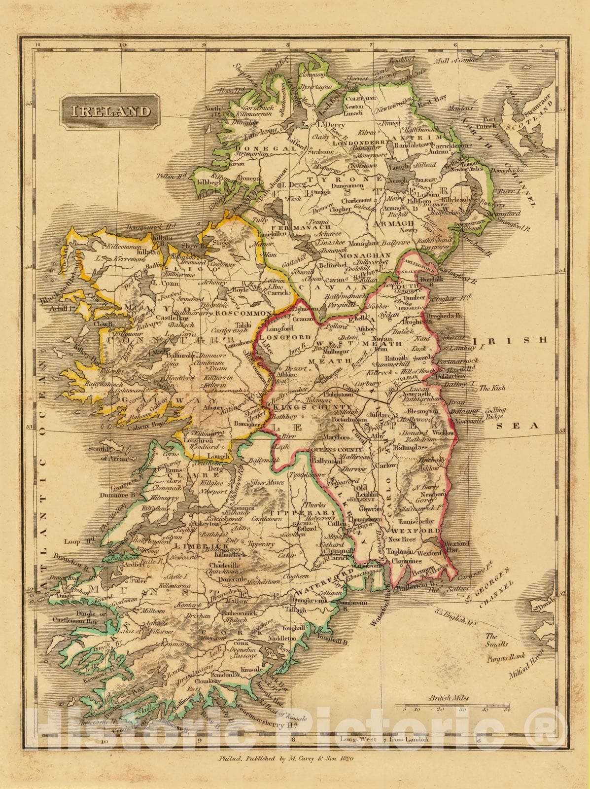 Historic Map - Ireland. Philad. Published by M. Carey & Son, 1820, 1820 Atlas - Vintage Wall Art