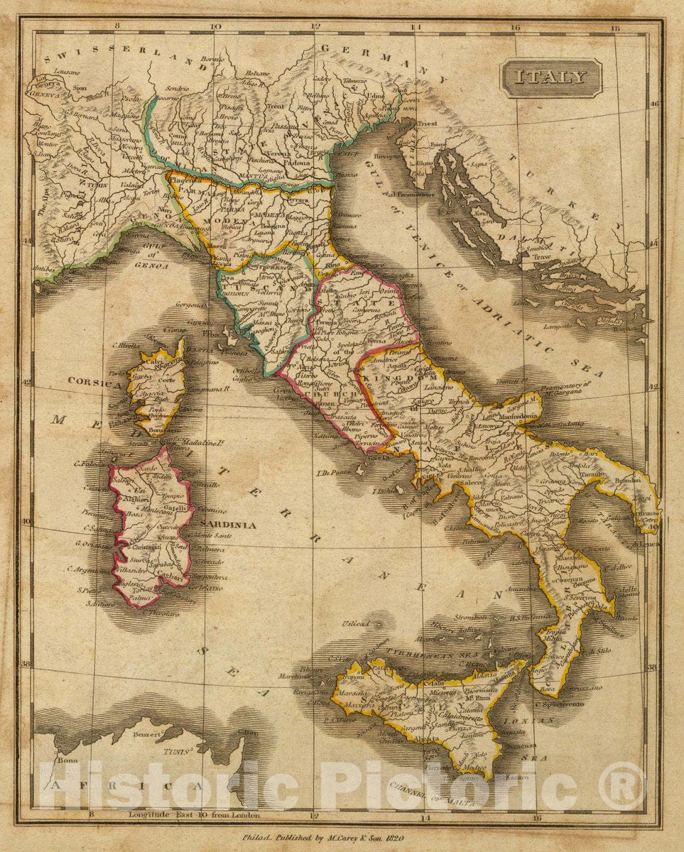 Historic Wall Map : Italy. Philad. Published by M. Carey & Son, 1820, 1820 Atlas - Vintage Wall Art