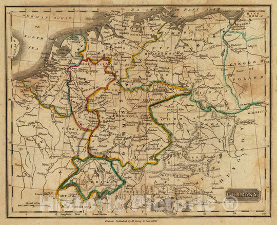 Historic Map : Germany. Philad. Published by M. Carey & Son, 1820, 1820 Atlas - Vintage Wall Art