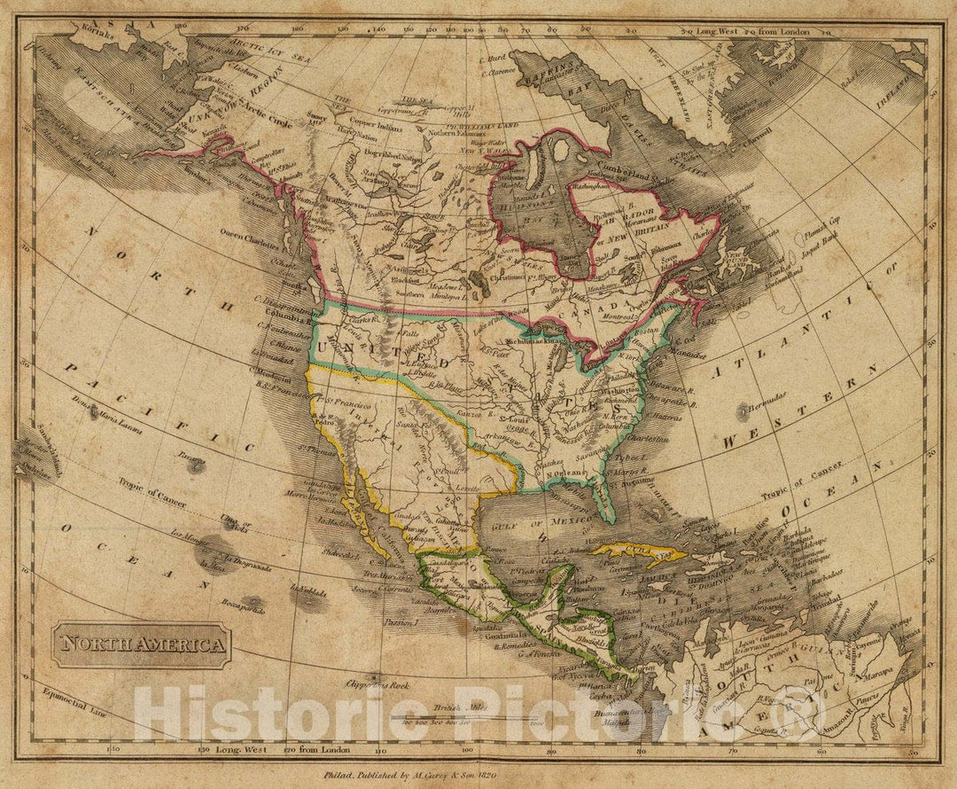 Historic Map : North America. Philad. Published by M. Carey & Son, 1820, 1820 Atlas - Vintage Wall Art