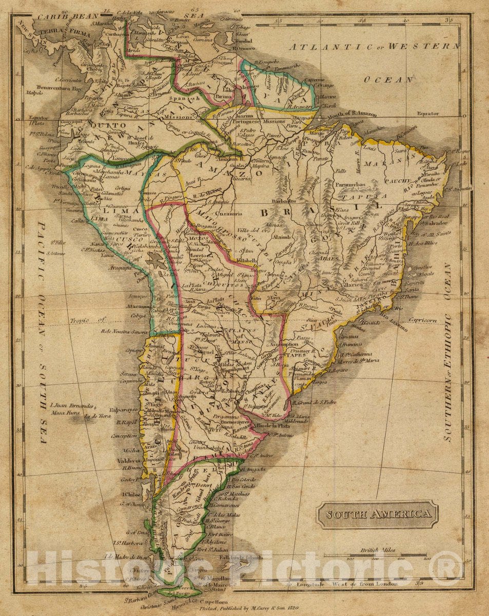 Historic Map : South America. Philad. Published by M. Carey & Son, 1820, 1820 Atlas - Vintage Wall Art