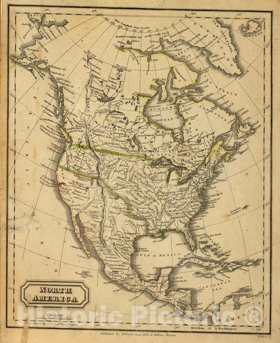 Historic Map : North America. Published by Hilliard, Gray, Little & Wilkins, Boston. H. Morse Sc. (1829), 1829 Atlas - Vintage Wall Art