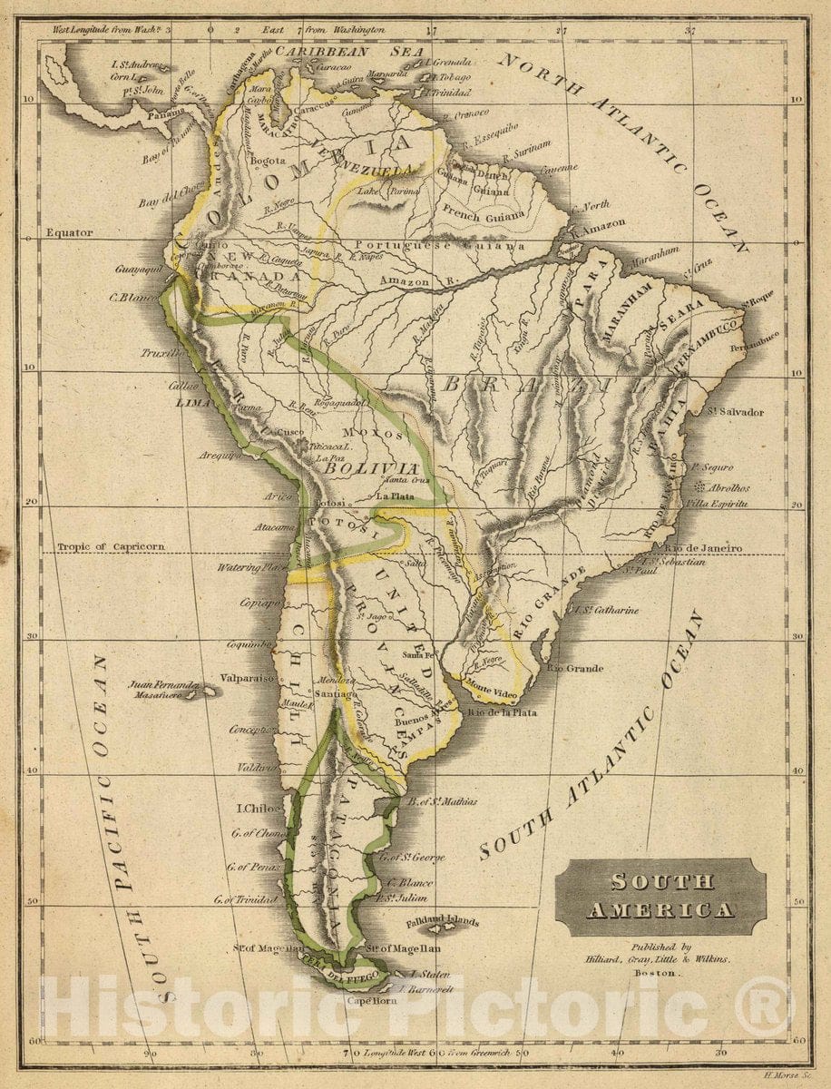 Historic Wall Map : South America. Published by Hilliard, Gray, Little & Wilkins, Boston. H. Morse Sc. (1829), 1829 Atlas - Vintage Wall Art