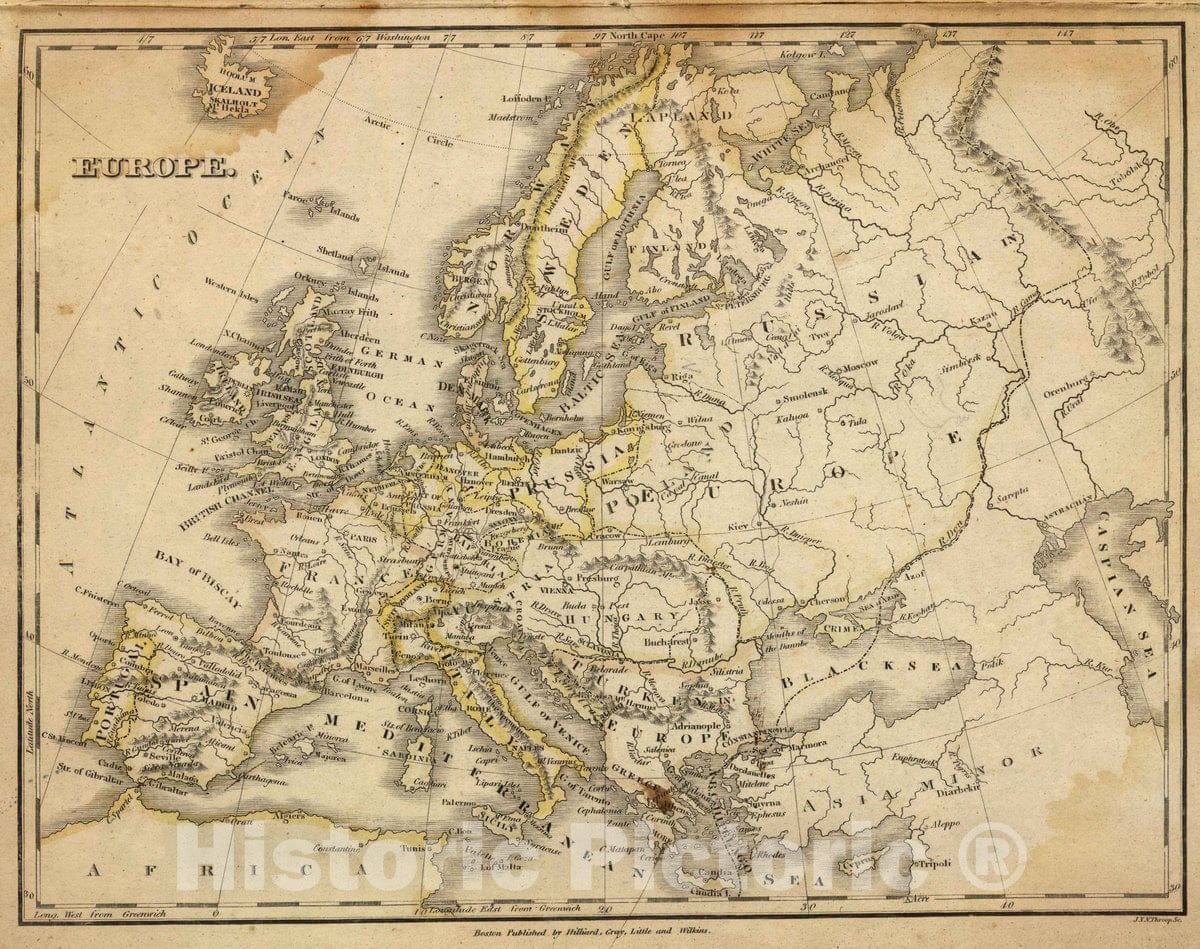 Historic Map : Europe. Boston, Published by Hilliard, Gray, Little and Wilkins. J.V.N. Throop Sc. (1829), 1829 Atlas - Vintage Wall Art