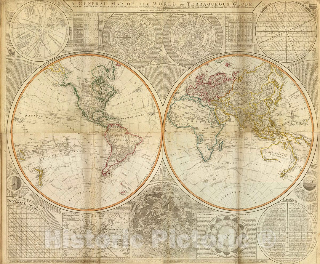 Historic Map : A general map of the World or terraqueous globe with all the new discoveries and marginal delineations, 1799 Atlas - Vintage Wall Art