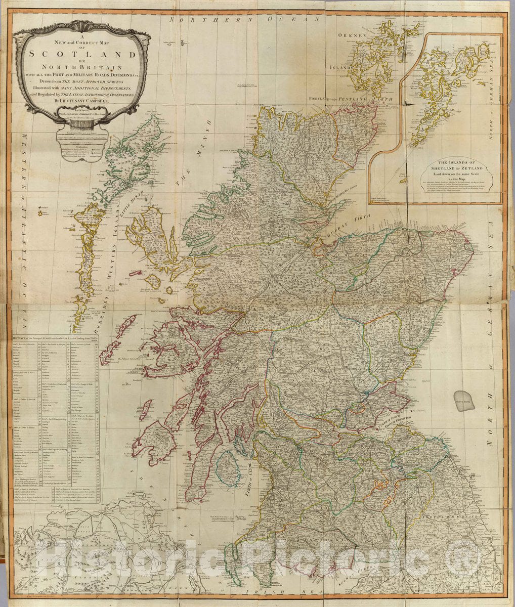 Historic Wall Map : (Composite of) A New and Correct map of Scotland or North Britain with All The Post and Military Roads, divisions & ca, 1794 Atlas - Vintage Wall Art