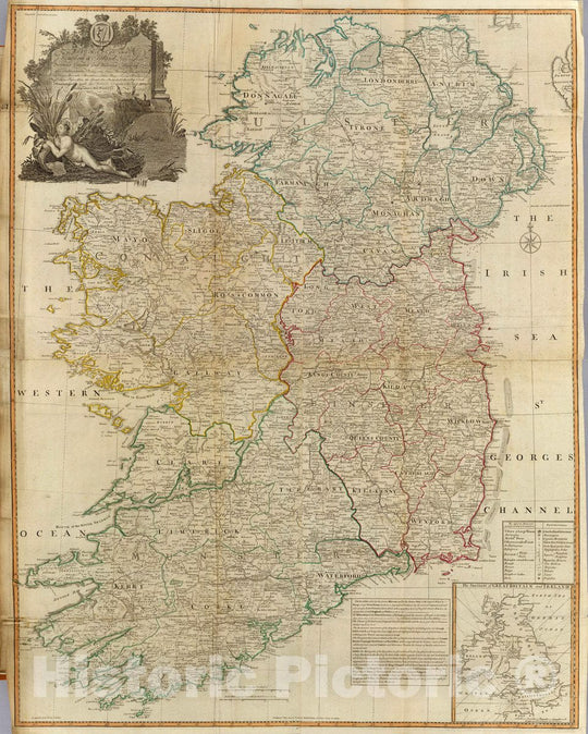 Historic Wall Map : the Kingdom of Ireland divided into provinces, counties and baronies. The seacoasts of Great Britain and Ireland. Showi, 1794 Atlas - Vintage Wall Art