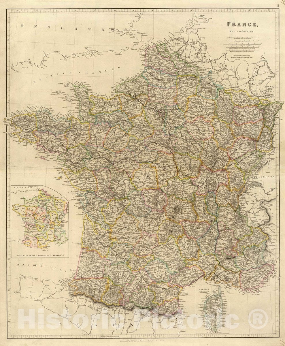 Historic Map : France, by J. Arrowsmith. (with) Sketch of France divided into provinces. (with) Corsica, 1834 Atlas - Vintage Wall Art