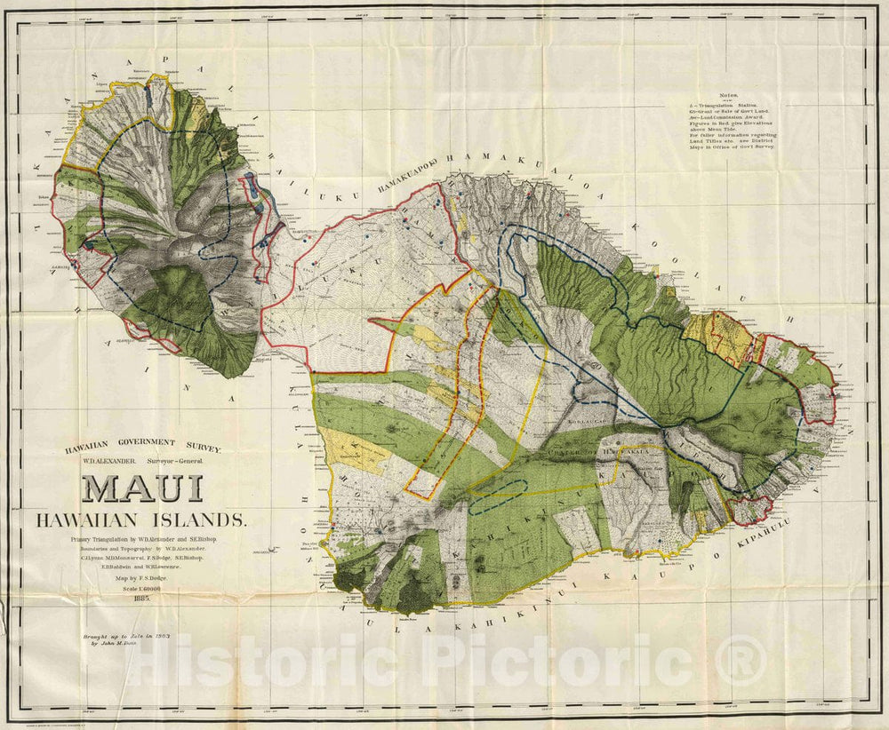 Historic Map - 1906 Maui, Hawaiian Islands. Primary Triangulation by W.D. Alexander and S.E. Bishop. Boundaries and Topography - Vintage Wall Art