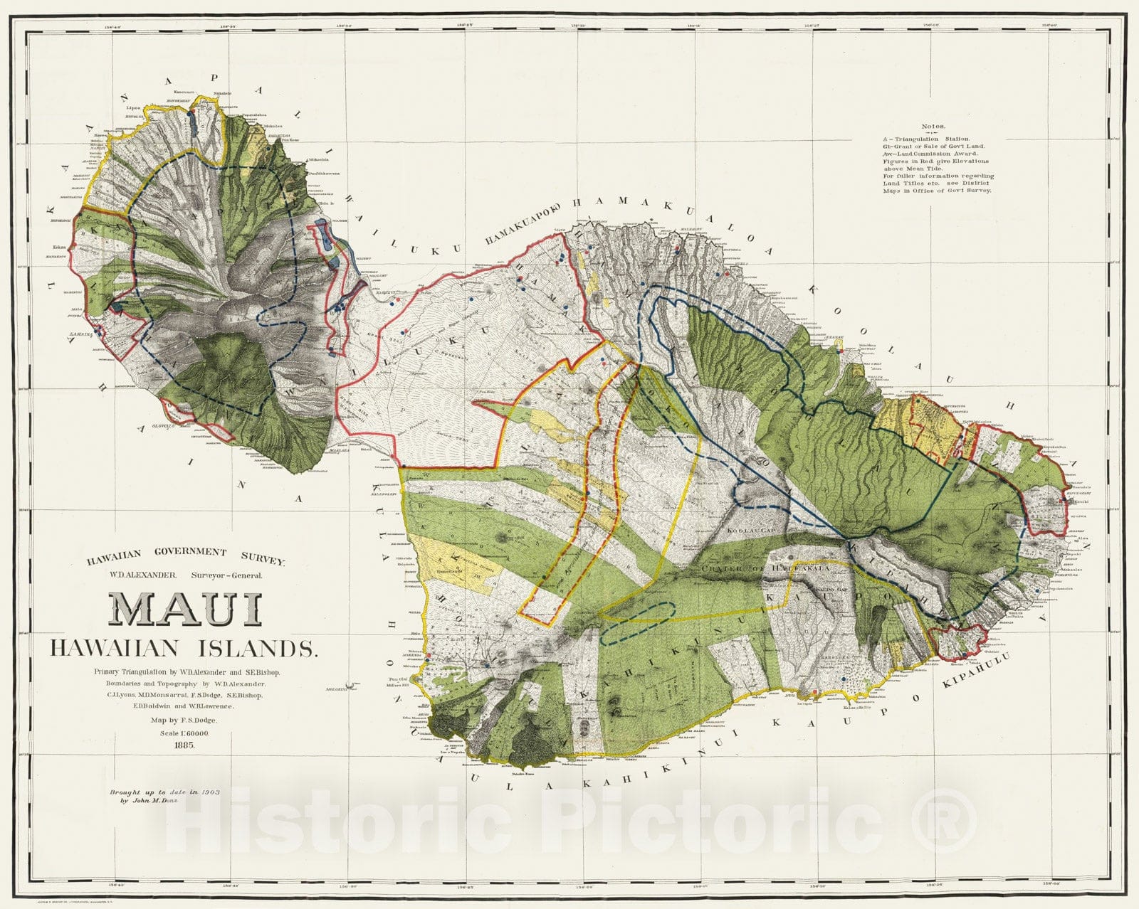 Historic Map - 1906 Maui, Hawaiian Islands. Primary Triangulation by W.D. Alexander and S.E. Bishop. Boundaries and Topography - Vintage Wall Art