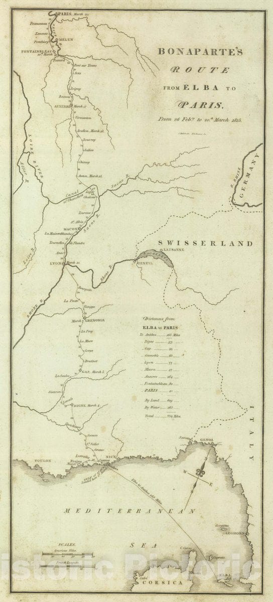 Historic Map : 1824 Bonaparte's Route from Elba to Paris. - Vintage Wall Art