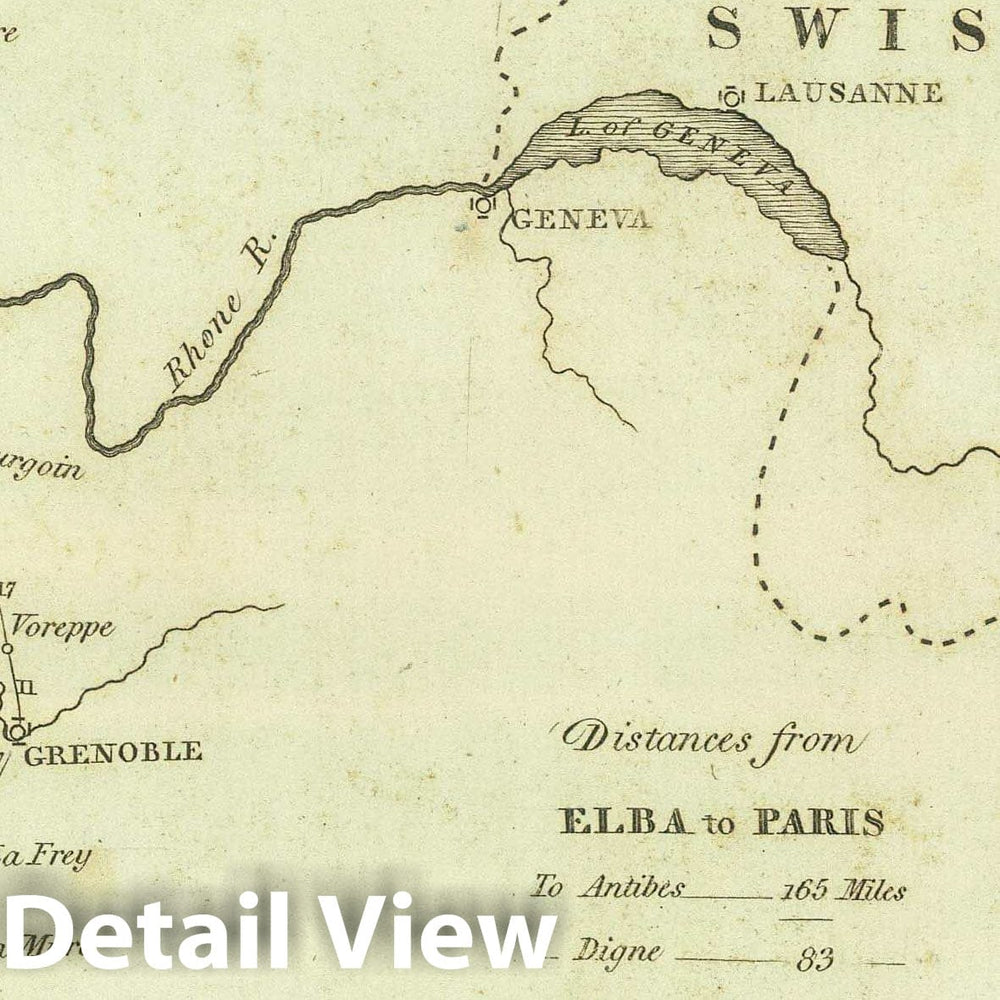 Historic Map : 1824 Bonaparte's Route from Elba to Paris. - Vintage Wall Art