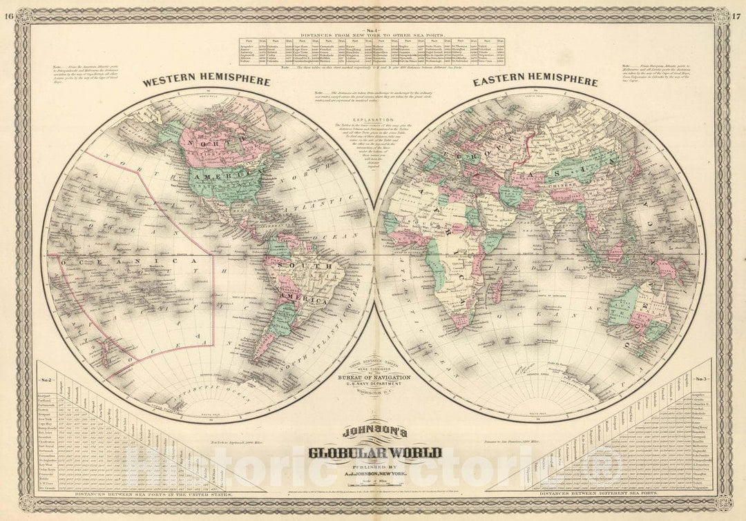 Historic Map : Western Hemisphere. Eastern Hemisphere, 1874 Atlas - Vintage Wall Art