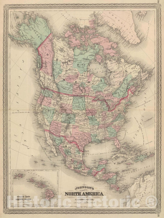 Historic Wall Map : Johnson's North America. Published by A. J. Johnson, New York. 20. 21, 1874 Atlas - Vintage Wall Art