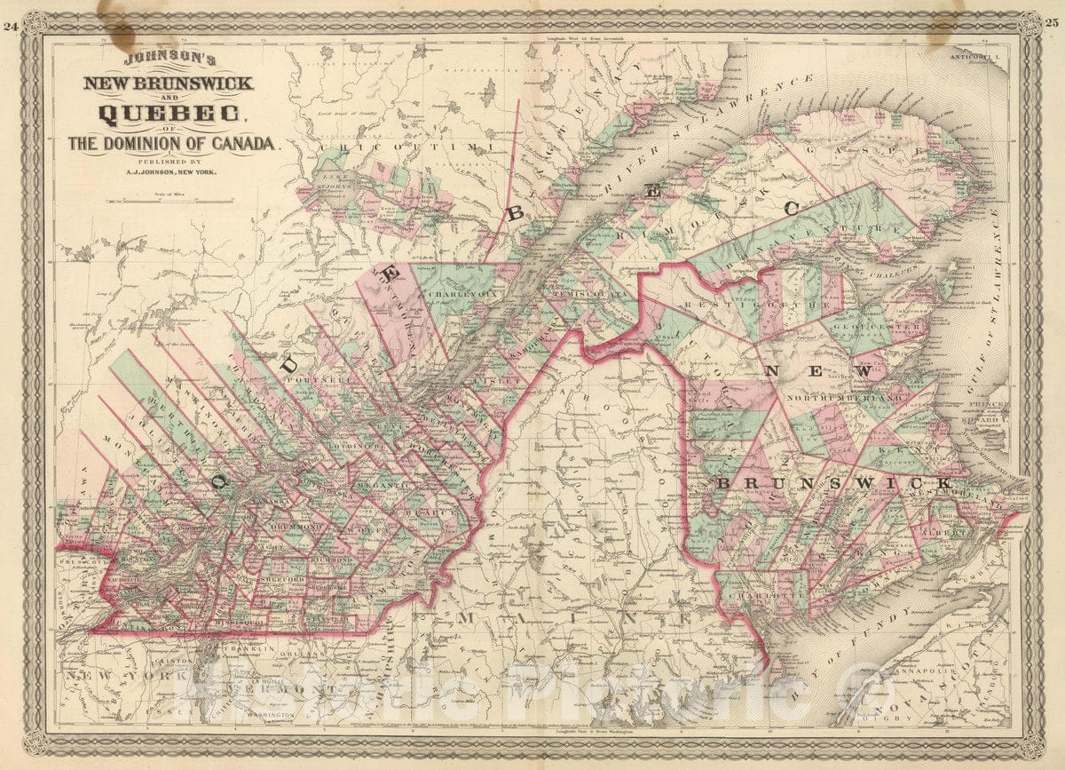 Historic Map : Johnson's New Brunswick and Quebec of The Dominion of Canada. Published by A. J. Johnson, New York. 24. 25, 1874 Atlas - Vintage Wall Art