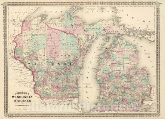 Historic Map : Johnson's Wisconsin and Michigan. Published by A. J. Johnson, New York. 68. 69, 1874 Atlas - Vintage Wall Art